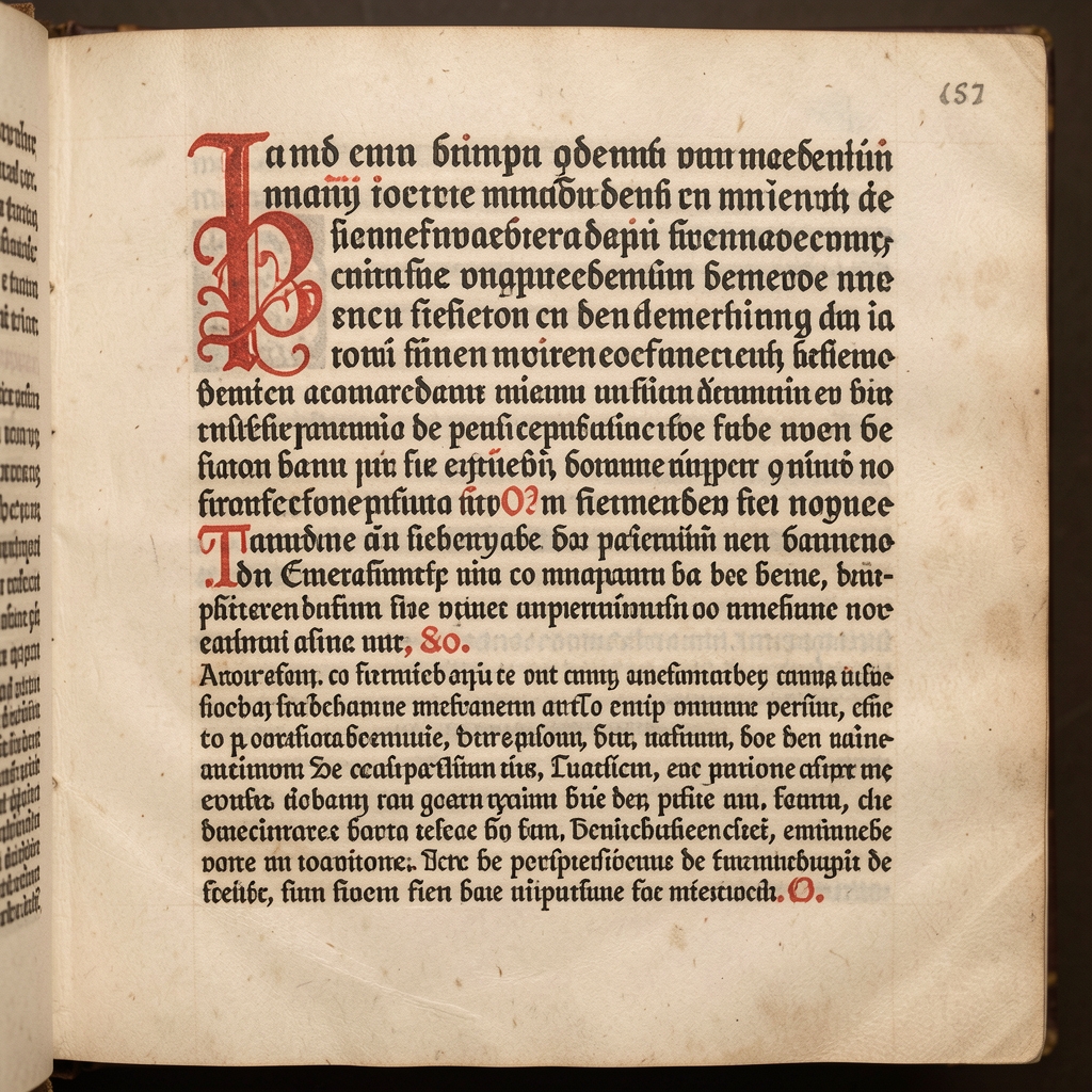 Страница инкунабулы 1480 года с готическим шрифтом текстура, рубрицированными инициалами красного цвета на кремовом пергамене