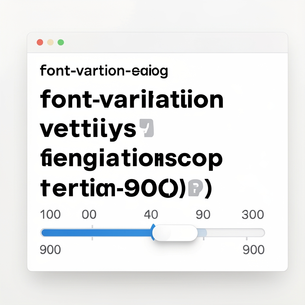 Экран с кодом CSS font-variation-settings и живым превью шрифта, демонстрирующим изменение толщины штриха от 100 до 900 при движении ползунка